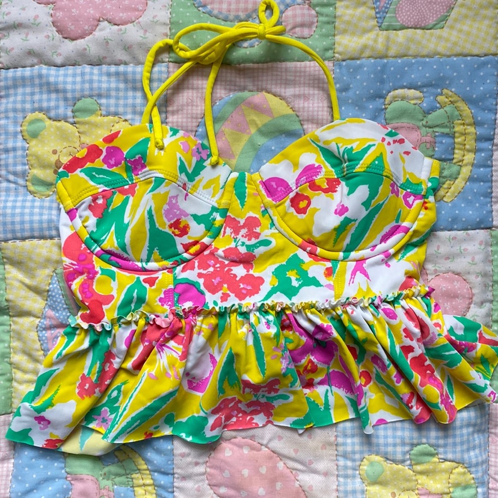 Vintage KJ yellow and pink floral sweetheart peplum swim top